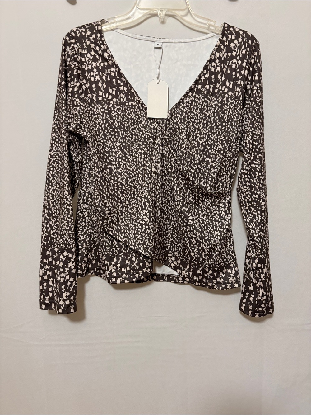 V-Neck Long Sleeve Printed Wrap Top in Brown and Cream